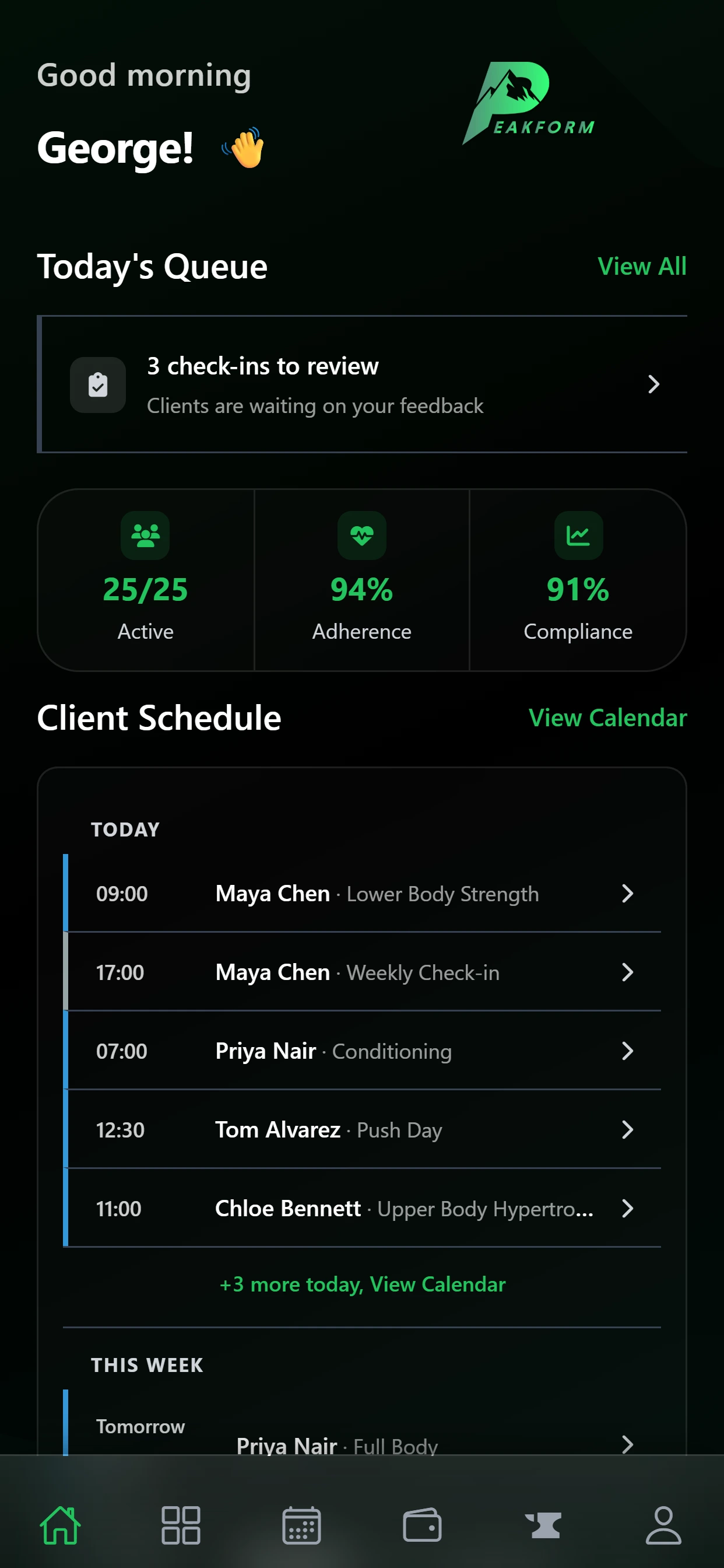 Peakform mobile app home screen a coach's client sees