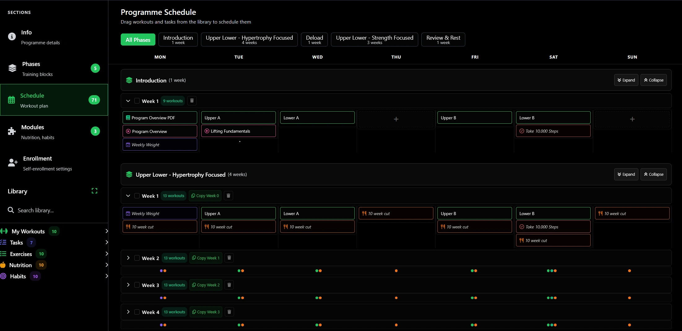 Building a multi-week programme in Peakform's workout builder